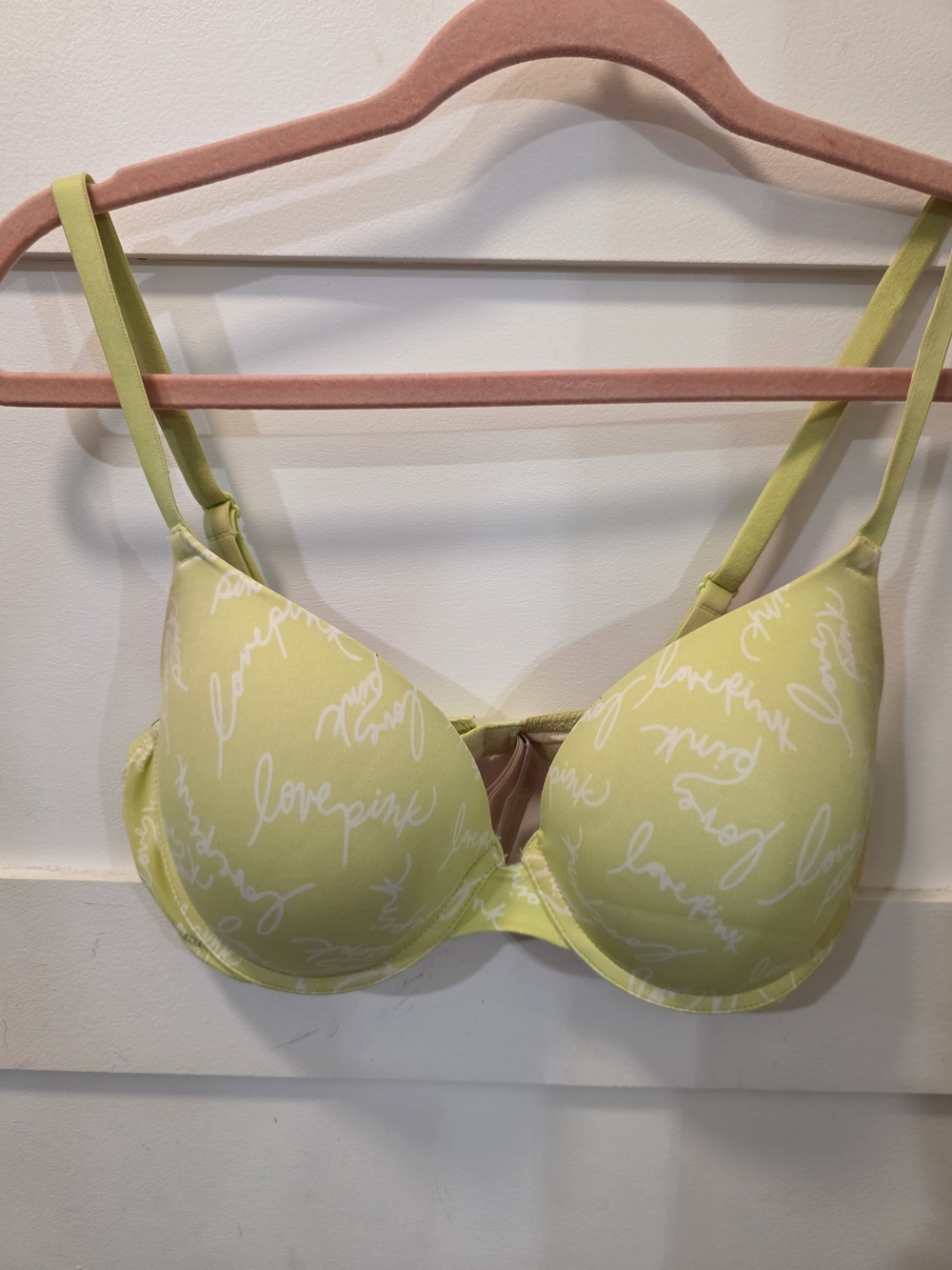 Pale Lime Green PINK Logo  Wear Everywhere Push-Up Bra 34D & Hot Pink Lined Cups